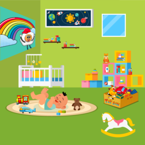 Baby Laying Ang Playing In Nursery Vector