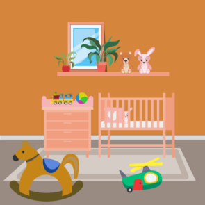 Cot and Toys In Baby Nursey Vector