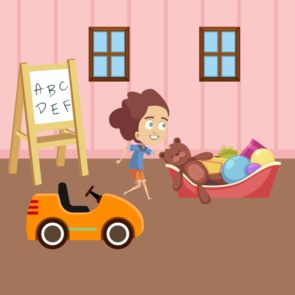 Girl Putting Toys In Toy Box Vector