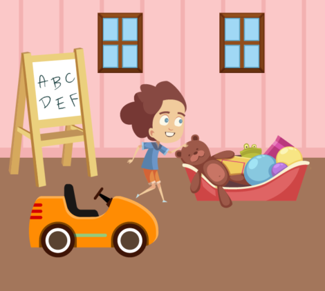 Girl Putting Toys In Toy Box Vector