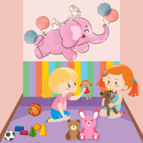 Girls Playing in Baby Nursery Vector