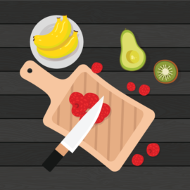 fruits and cutting board