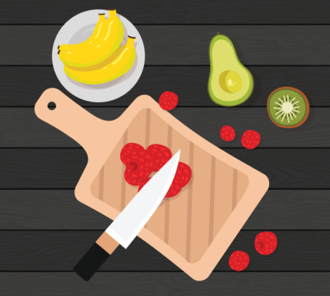 fruits and cutting board