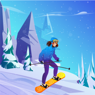 SkiingGirlScenery, WinterSportsArt, AlpineAdventures, SnowSportsIllustration, SkiingNatureScene-01