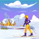 SkiingWinterGirlScene, SnowSportsArt, AlpineAdventureIllustration, SkiingNatureScene, WinterSportsGirl-01