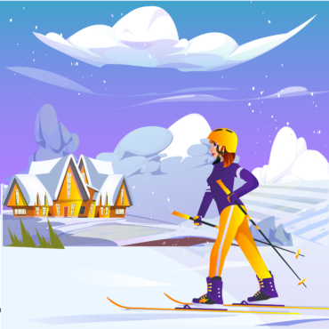 SkiingWinterGirlScene, SnowSportsArt, AlpineAdventureIllustration, SkiingNatureScene, WinterSportsGirl-01