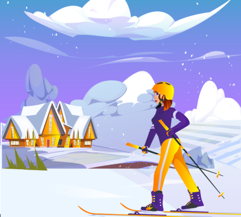 SkiingWinterGirlScene, SnowSportsArt, AlpineAdventureIllustration, SkiingNatureScene, WinterSportsGirl-01